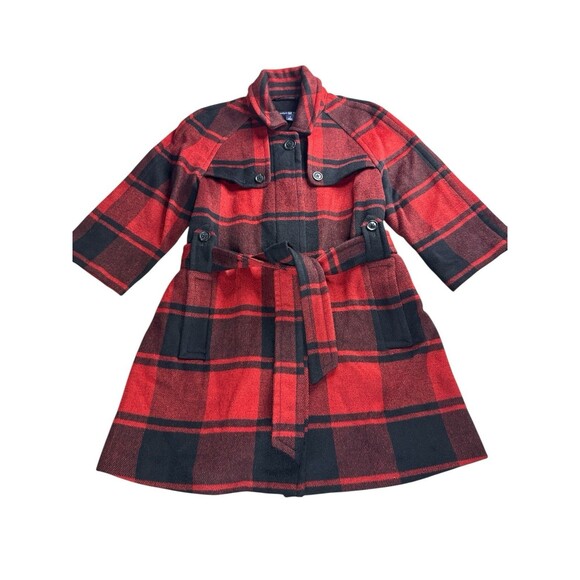Gap Buffalo Plaid Waist Tie Wool Blend Mid Length Trench Coat Small Cabincore - Picture 1 of 12